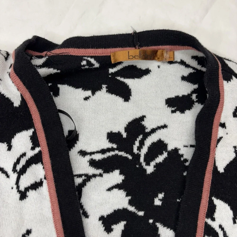 Belldini Women's Black White Floral Cardigan‎ Sweater Open Front Size Large LS